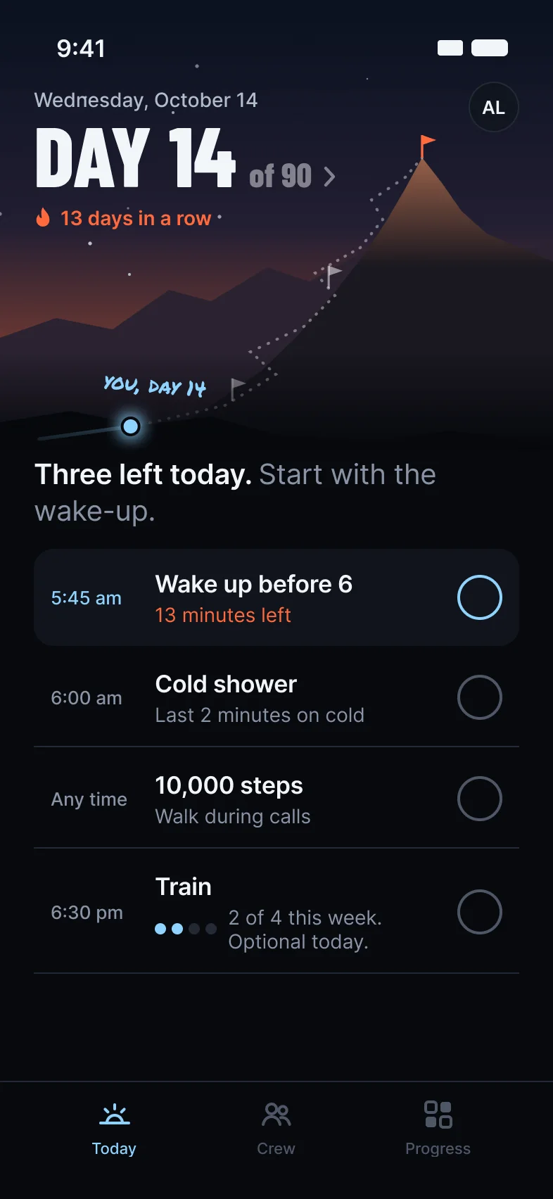 Morning on day 14: Wake up before 6 with 13 minutes left.